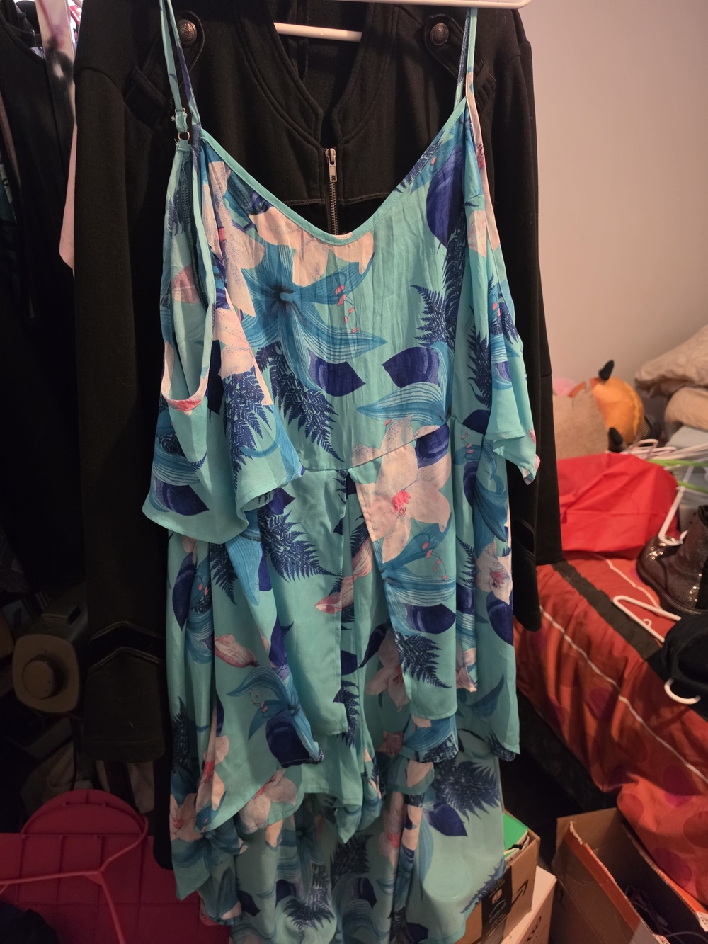 Tropical Aqua Floral Ruffle Shirts With High Low Skirt